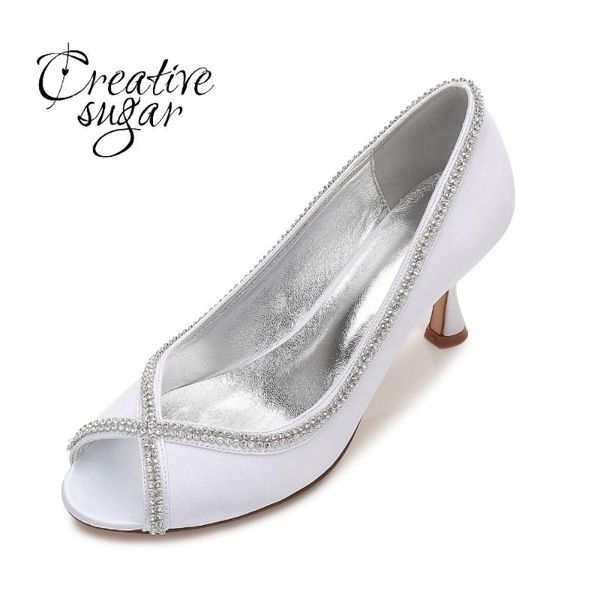 

dress shoes creativesugar lady satin evening heels open peep toe rhinestone chain diamond fringe bridal wedding party prom women, Black