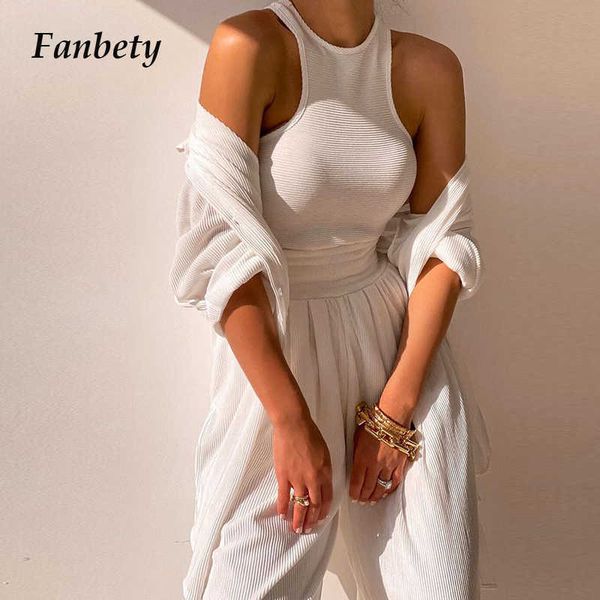

elegant solid women three piece set off shoulder tank cardigan + wide leg pants suit lady casual outfits homewear 210930, White