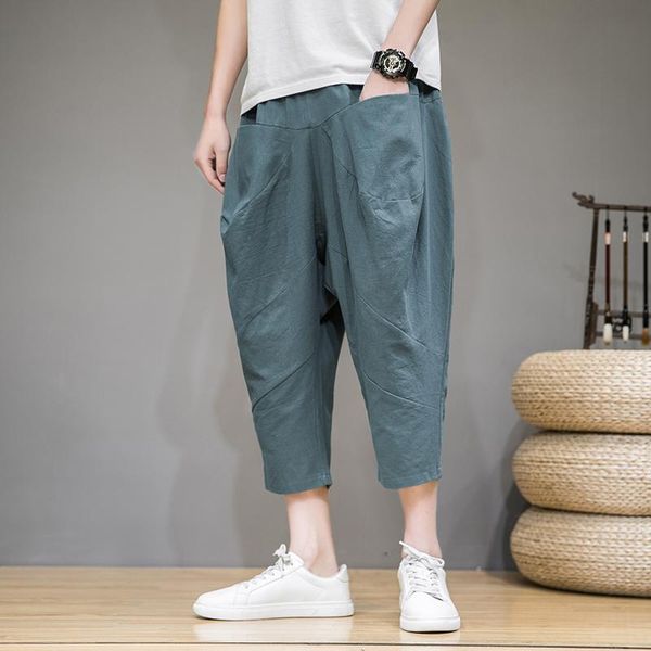 

baggy cross pants men 2021 new cotton linen calf length pants harem korean style hip hop streetwear men trousers, Black