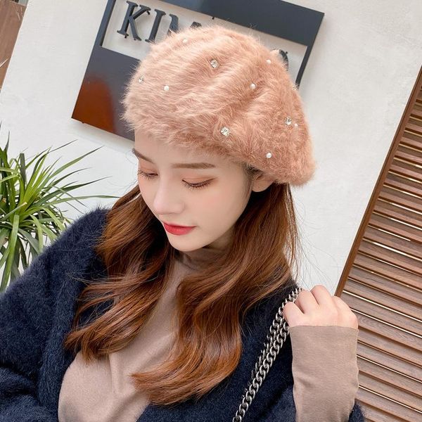 

berets women beret plush thickened warm autumn and winter leisure student fashion solid color retro woolen painter hat, Blue;gray