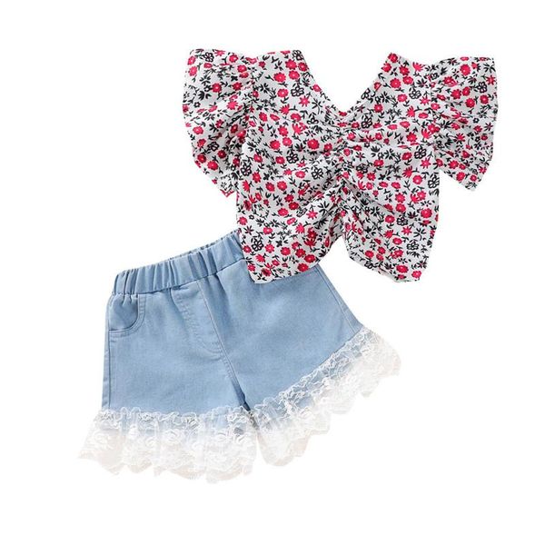 

girls clothing sets 2021 summer cotton two-piece short sleeve +denim shorts children casual fashion clothes suit, White
