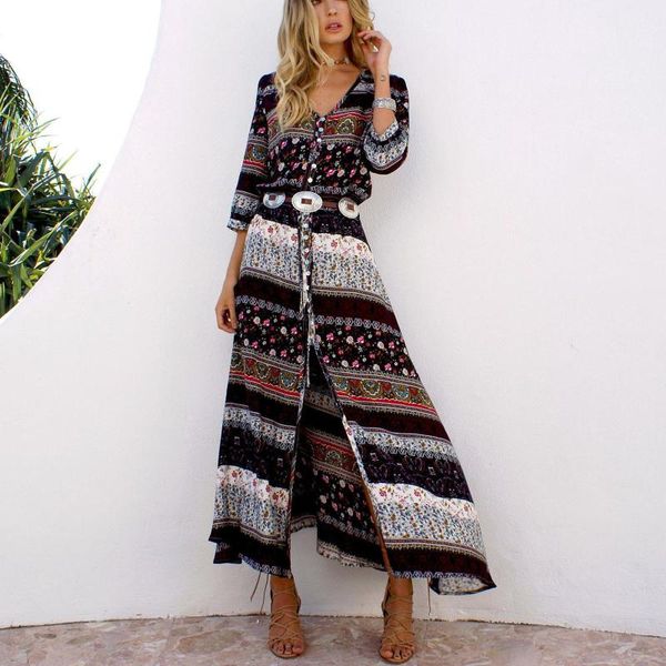 

spring bohemia floral dress women casual v neck high waist half sleeve for fashion print summer dresses, Black;gray