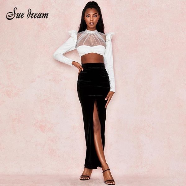 

two piece dress 2021 spring women 2 two-piece set white long sleeve o-neck mesh beaded short & black velvet split skirt party sets