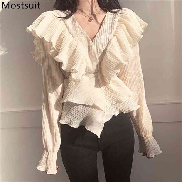 

ruffles v-neck chic elegant blouses women flare sleeve solid korean vintage shirts spring ladies fashion blusas mujer 210513, White