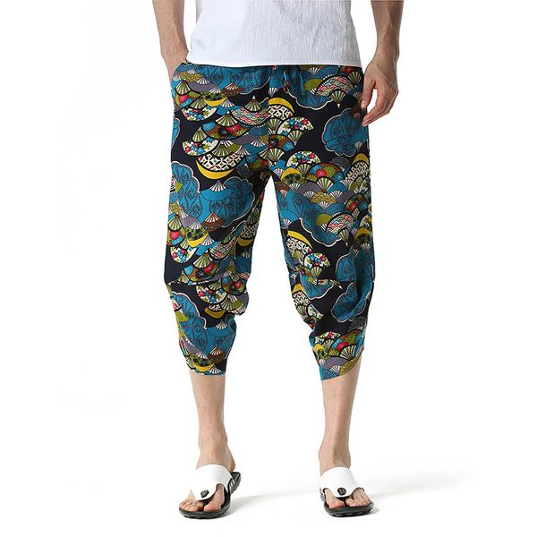 Pantaloni etnici da uomo Pantaloni di lino stampati al polpaccio Pantaloni da uomo Harem larghi hawaiani Pantaloni casual traspiranti Harajuku Streetwear 210524