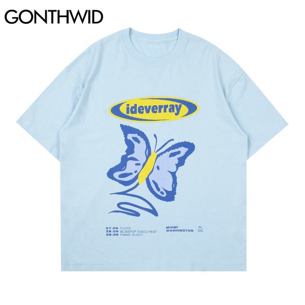 

gonthwid harajuku t-shirts cartoon butterfly print casual cotton tshirts streetwear hip hop fashion short sleeve tees shirt c0315, White;black