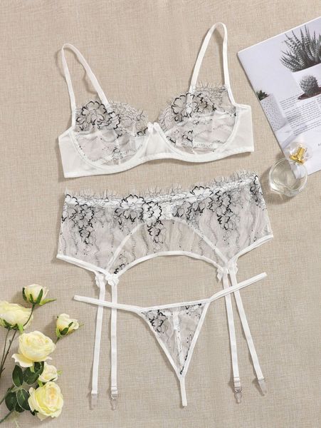 

3pack plus sheer mesh underwire garter lingerie set h34z#, Black;white