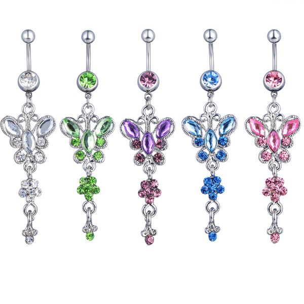 

d0728 bowknot with flower belly navel button ring mix colors, Silver