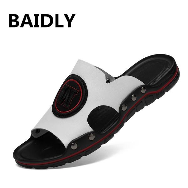 

slippers casual men sandals summer mens man beach cow leather lazy flip flops big size, Black