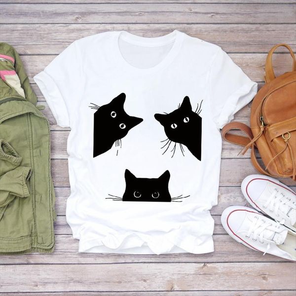 

cat face funny animal women pet cute 90s style summer autumn lady womens graphic female tee, White