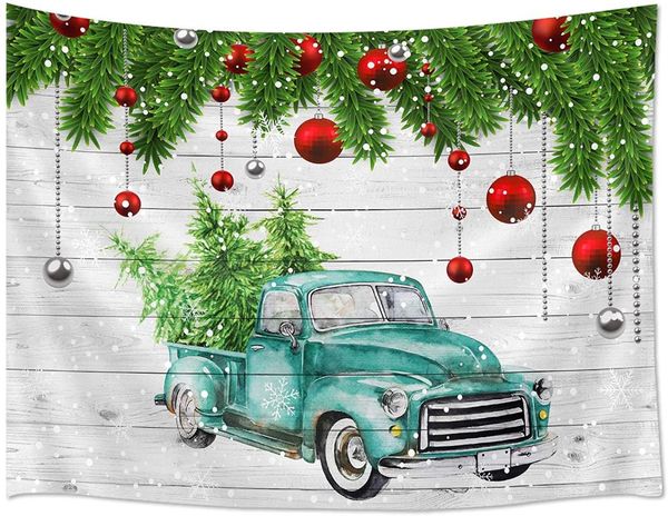 

tapestries christmas truck tapestry red xmas balls pine tree snowflakes on retro wood boards wall hanging