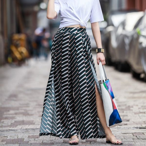

capris loose side split trouser for women high waist striped casual wide leg pants female fashion clothing spring tide, Black;white