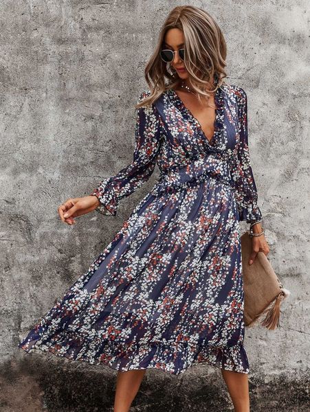 

ditsy floral print deep v-neck ruffle hem dress 778k#, Black;gray