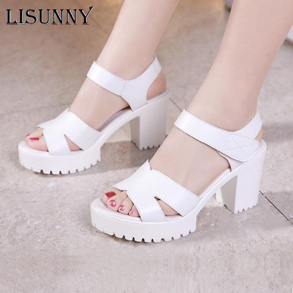 

leather women platform sandals hook& loop high heels summer peep toe shoes woman plus size 35-43, Black
