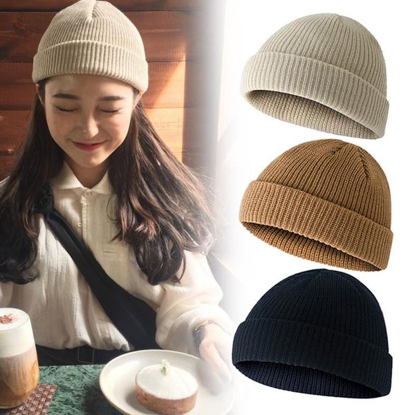 

beanie hat cap roll up warm fisherman knitting solid color for men women winter cmg786 cycling caps & masks, Black