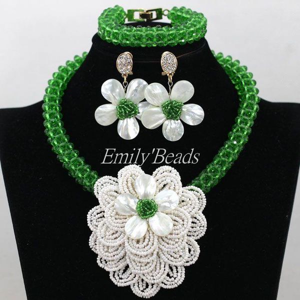 

wedding jewelry sets nigerian green crystal beads set fashion shell flower white african aij662, Slivery;golden