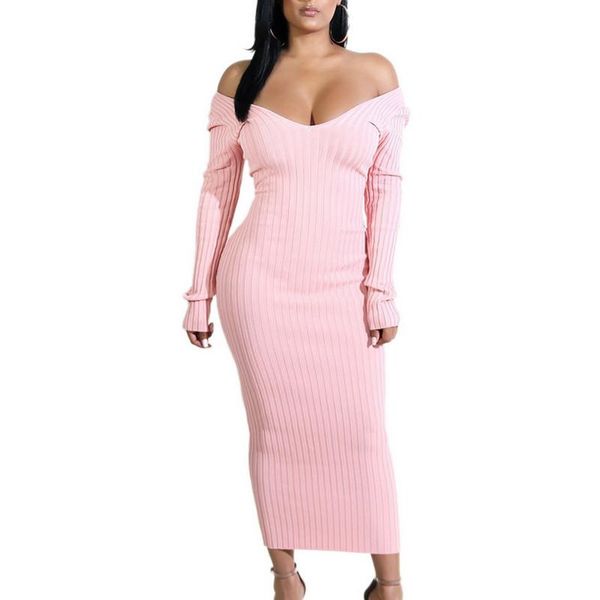 

knitted womens maxi dress female solid color off shoulder deep v-neck long sleeve one-piece casual dresses, Black;gray
