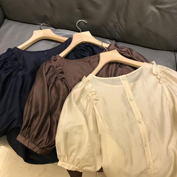 

women's blouses & shirts short sleeve blouse causal ruffle back buttons women shirt 2021 spring summer thin blusas femme, White