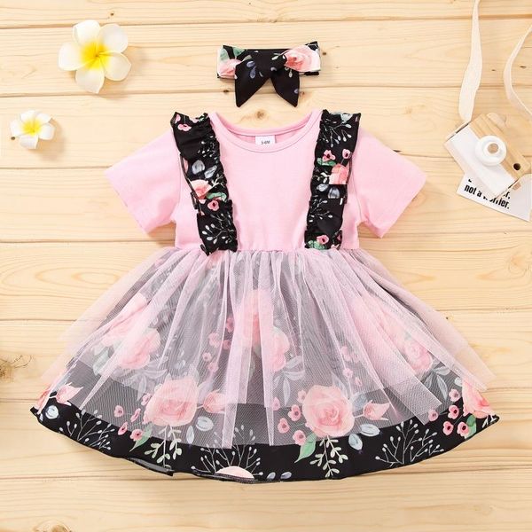 

girl's dresses weixinbuy summer dress 1year baby girl print short sleeve stitching floral suspender mesh with headband, Red;yellow