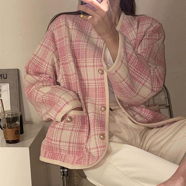 

women's jackets chic elegant plaid o neck long sleeve loose jacket for women spring autumn tweed ladies high street casual outwear, Black;brown