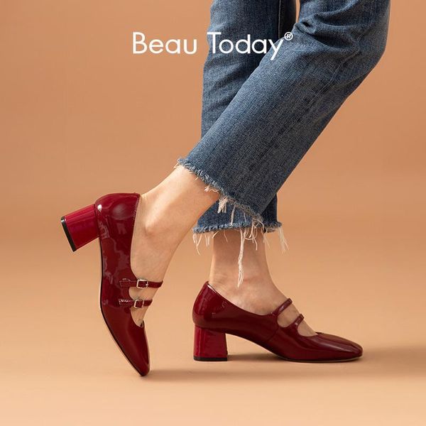 

beautoday pumps women patent leather square toe mary janes buckle straps sweet girl princess party shoes handmade 15217 dress, Black
