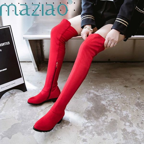 

boots fashion ladies over the knee comfortable med heel faux suede side zipper thigh elastic black red party shoes maziao