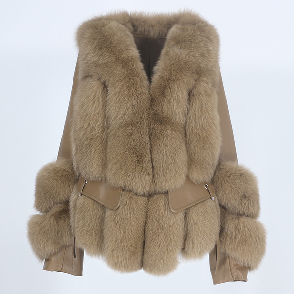 

oftbuy 2021 fashion real fur coat winter jacket women natural fox fur genuine sheepskin leather outerwear detachable streetwear, Black