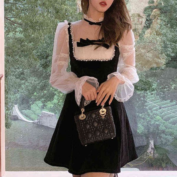 

french vintage dress women 2021 spring lace fairy velvet one piece dress korean petal sleeve evening party elegant dress female y1204, Black;gray