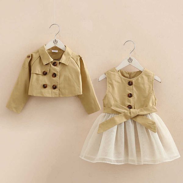 Herbstmode 3 4 6-10 Jahre Langarm Mantel + Weste Mesh Kleider Knopf Schleife Design für Kinder Baby Mädchen Kleid 2 Stück Set 210529