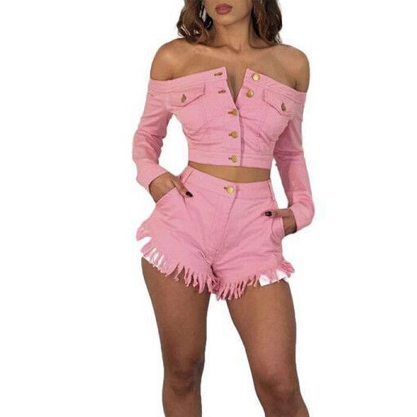 

women's autumn winter suits off-the-shoulder v-neck buckel long-sleeved jacket denim tassel shorts suit ladies sets two piece pants, White
