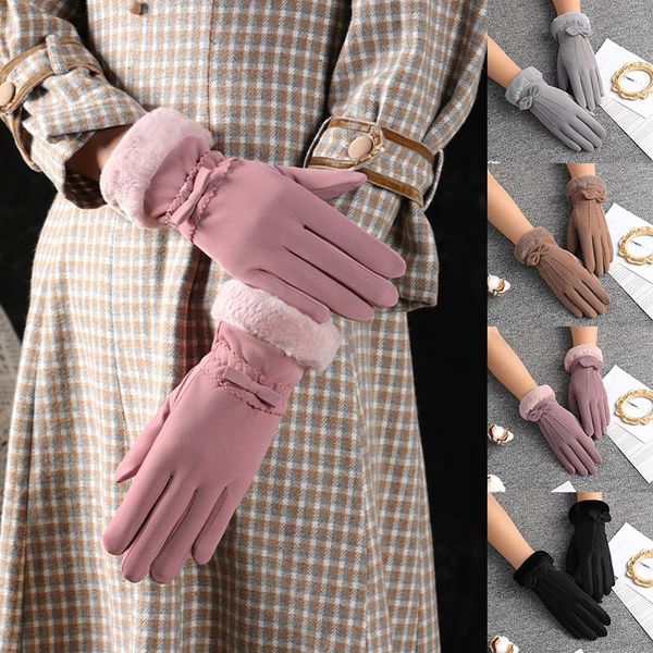 

five fingers gloves winter women outdoor cycling cashmere thicken windproof warm cute bow velvet waterproof touch screen driving mittens, Blue;gray