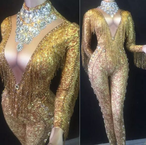 

dress gold long sleeve beading tassel dj party bodycon jumpsuit stage celebrate dancer costumes, Black;gray