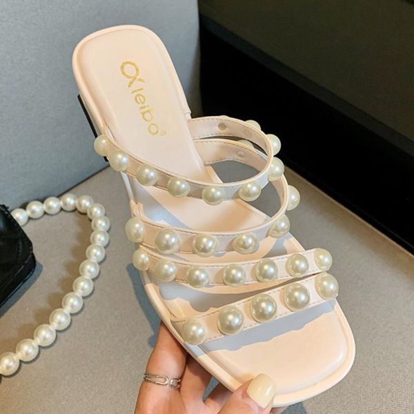

woman sandals fashion high heels shoes ladies string bead slides female outdoor square heel pumps 2021, Black