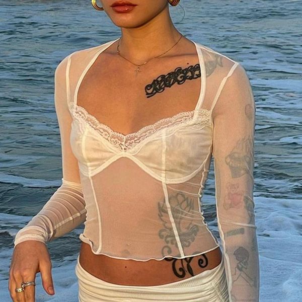 

fashion y2k lace trim mesh crop 90s aesthetics patchwork square neck long sleeve white tees summer t-shirts women's t-shirt