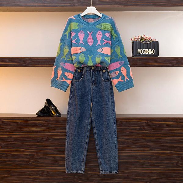 

two piece dress verhellen fashion 2021 autumn women's long sleeve small fish print knitted loose sweaters + cowboy pants for women clot, White