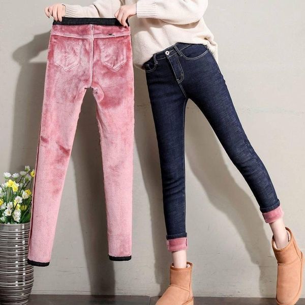 

women's jeans women winter plus velvet 2021 high waist straight stretch largesize thick warm long pants super stretchy, Blue