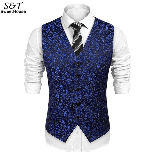 

men's vests 2021 fashion men v-neck sleeveless wedding party slim floral regular waistcoat casual none fit, Black;white