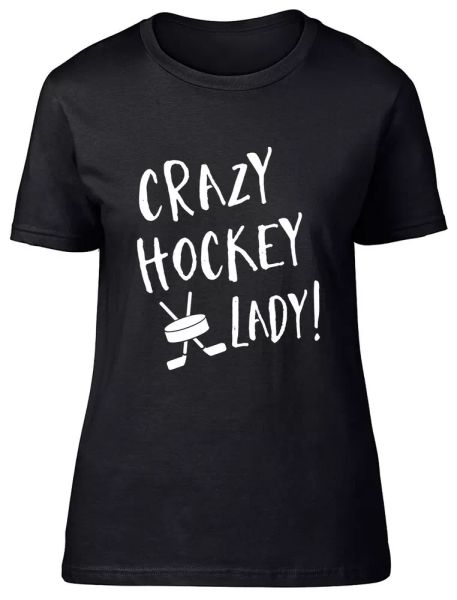 

crazy hockey lady fitted womens ladies t shirt, White;black