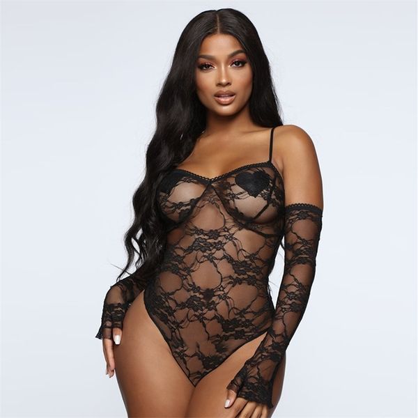 Mode Mesh Spitze Bodys Sexy Körper Frauen Spaghetti-trägern Transparente Ärmellose Bodysuit Bralette Schwarz Strampler Top 210517