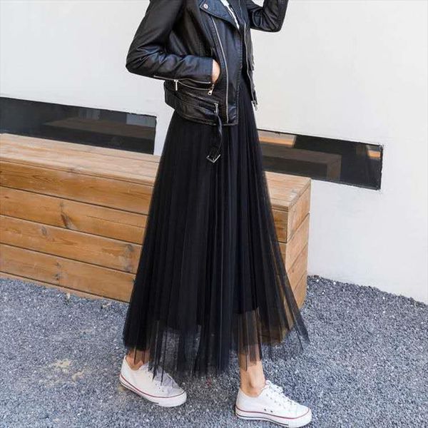 

tulle pleated high waist long womens skirts a line swinging mujer faldas saias mulher, Black