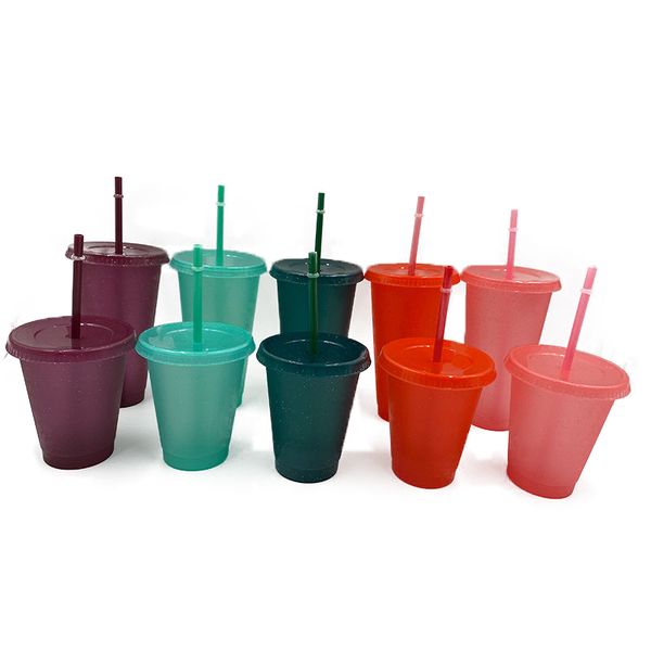 Plastik -Getränke Wasserbecher Tumbler mit Strohkaffeemilch Pailletten trinken Flaschen große Kapazität Feste Farbe Sommer Kaltgetränke Tassen BH4847 Wly