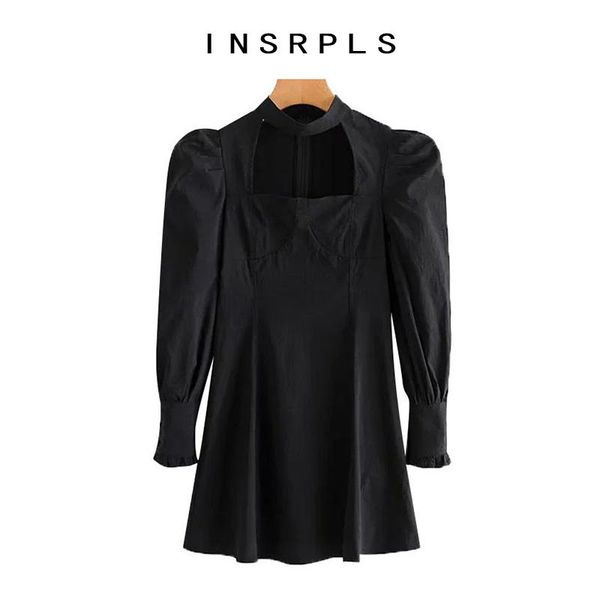 

casual dresses insrpls women chic fashion hollow out fitted mini dress vintage high neck puff sleeve back zipper female mujer, Black;gray