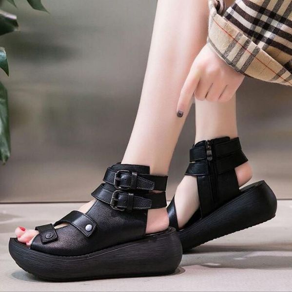 

sandals 2021 fish mouth soft pu leather cowhide summer roman shoes women platform heighten shoe wedges, Black