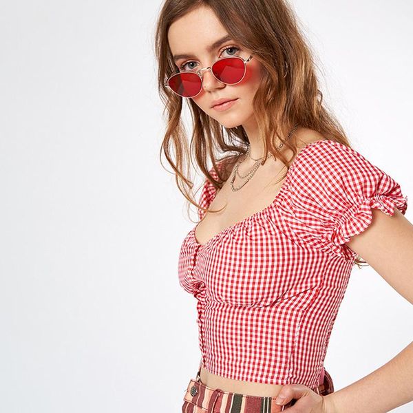 

high street casual cotton plaid crop womens t-shirts 2021 summer elegant office off shoulder short sleeve tees mujer women's t-shirt, White