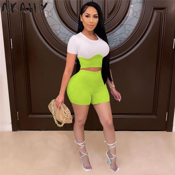 

women's tracksuits akaily summer streetwear 2 two piece sets women outfits patchwork crop bodycon shorts set bike, Gray