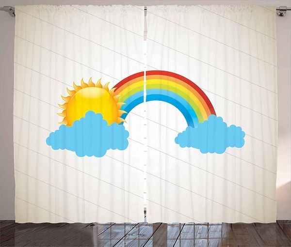 

curtain & drapes vintage rainbow curtains sun over the clouds on a beige diagonal lines background summer season window for kids room