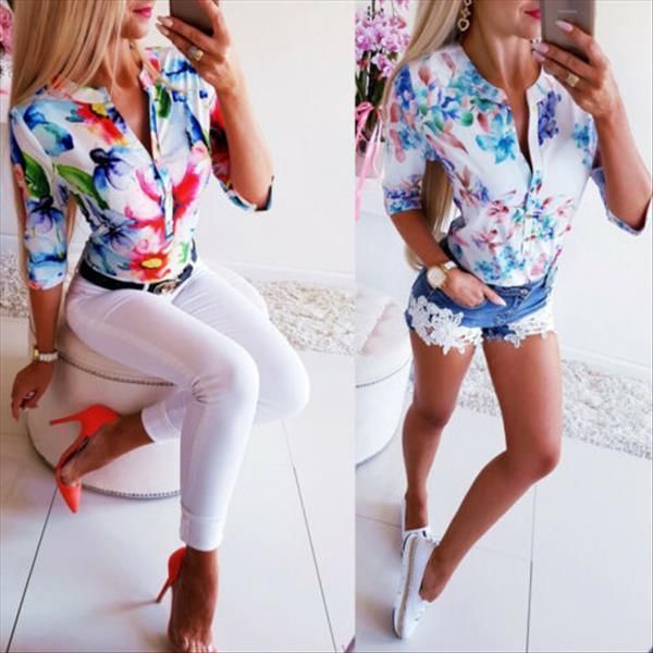 

summer 3 4 sleeve women shirts floral loose ol casual button blouse streetwear arrival, White