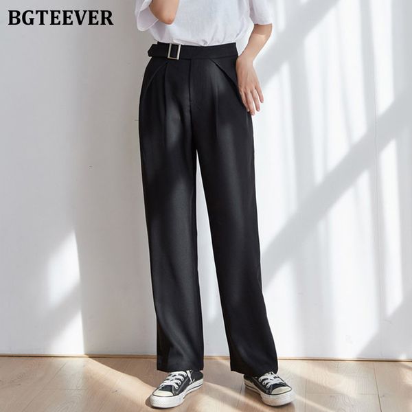 

pants new 2021 spring high waist belted suit for women casual loose long wide leg pants solid workwear pantalon femme hf4y, Black;white