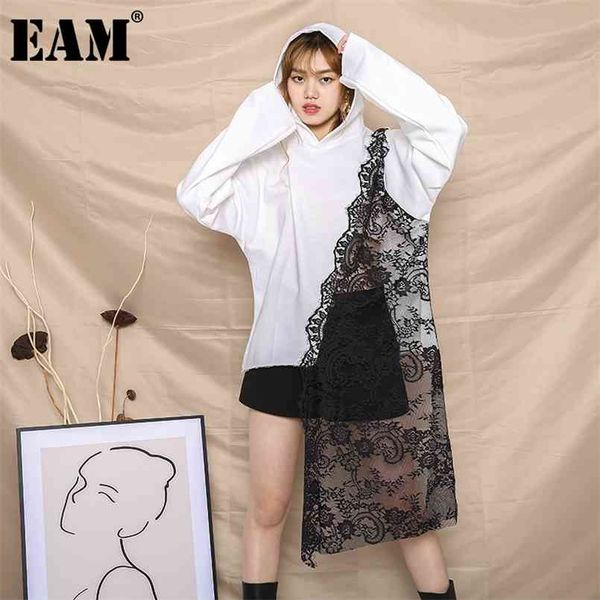 

[eam] loose fit white lace irregular sweatshirt hooded long sleeve women big size fashion spring autumn 1a33300 210813, Black