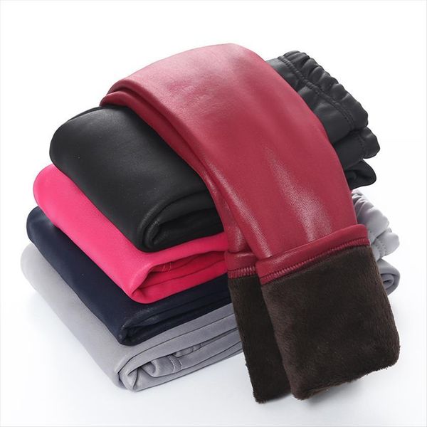 

winter girls leggings kids thick velvet pencil pants children warm trousers faux pu leather legging slim, Blue